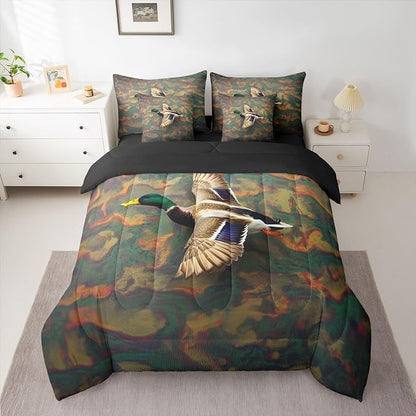 Mallard Duck Twin Comforter Set with Sheets | Duck Camo 7-Piece Bedding Set Mens Country Bed in a Bag, Farmhouse Woodland Animals Bed Sets,Abstract Camouflage Cabin Hunting Decor Camo Bed Set