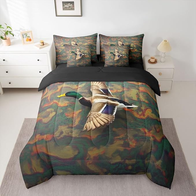 Mallard Duck Queen Comforter Set with Sheets | Duck Camo 7-Piece Bedding Set Mens Country Bed in a Bag, Farmhouse Woodland Animals Bed Sets,Abstract Camouflage Cabin Hunting Decor Camo Bed Set