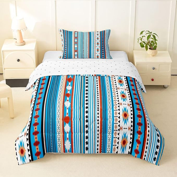 Erosebridal Southwestern Comforter Set Twin Bohemian Geometric Quilt, Ethnic Tribal Arrow Bedding Set Western Duvet Insert, Country Western Bedroom Decor Blue White