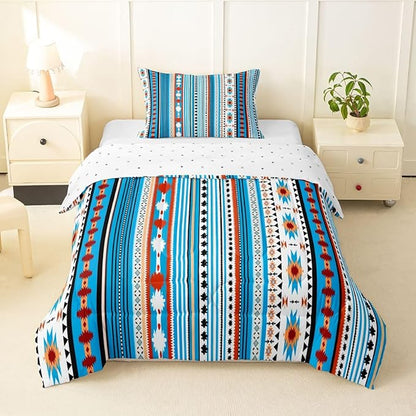Erosebridal Southwestern Comforter Set Twin Bohemian Geometric Quilt, Ethnic Tribal Arrow Bedding Set Western Duvet Insert, Country Western Bedroom Decor Blue White