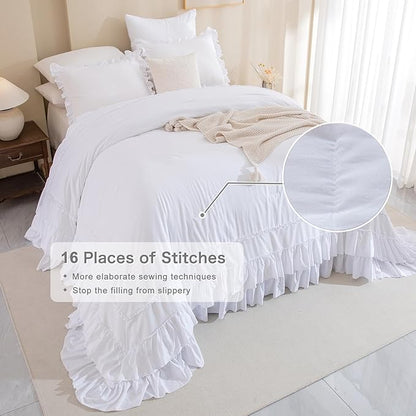 Masaca White Oversized King Comforter 120x98,Farmhouse Shabby Boho Chic Ruffle California King Comforter Set 3 Pieces French Country Rustic Bedding (1 Ruffled Comforter+2 Pillow Shams)