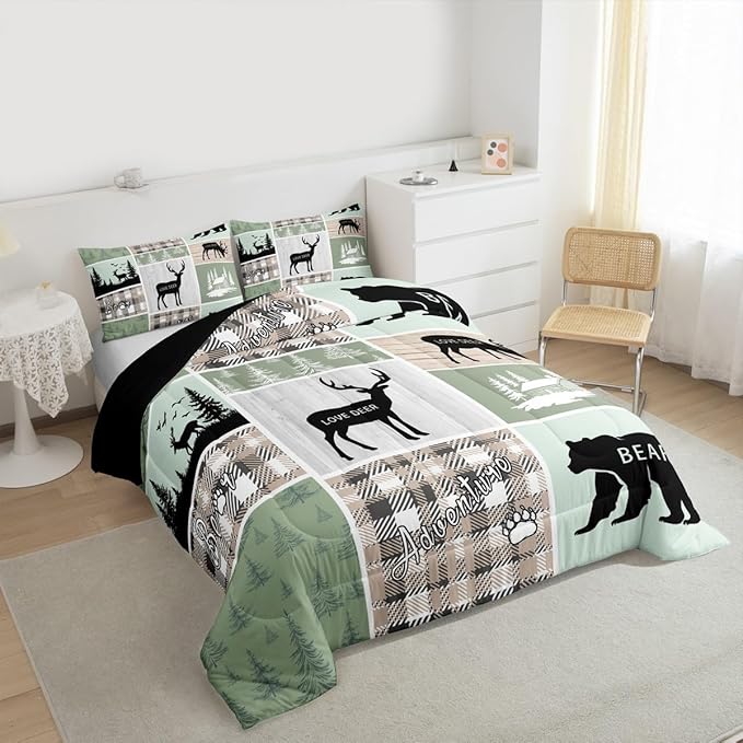 Erosebridal Bear Comforter Set, Rustic Farmhouse Bedding Queen Size for Kids Boys Teens Adult Bedroom, Vintage Cabin Lodge Quilt Forest Animal Wildlife Patchwork Duvet Insert Bear Decor for Nursery