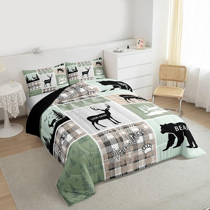 Erosebridal Bear Comforter Set, Rustic Farmhouse Bedding Full Size for Kids Boys Teens Adult Bedroom, Vintage Cabin Lodge Quilt Forest Animal Wildlife Patchwork Duvet Insert Bear Decor for Nursery