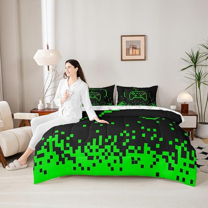 Castle Fairy Video Games 7 Piece Comforter & Sheet Sets Twin Size,Miner Pixel Games Bedding Set Neon Green Block Building Bed in a Bag Modern Black Flat & Fitted Sheets,4 Pillow Covers
