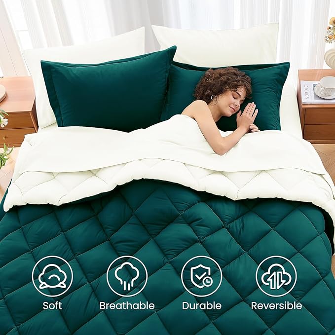 MUXHOMO 7 Pieces King Comforter Set, Reversible Bed in a Bag King Size, All Season Bedding Set with Comforter, Flat Sheet, Fitted Sheet, Pillowcases & Shams, Peacock Blue & Ivory