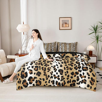 Erosebridal Animal Skin Pattern Gradient Gold Brown 7 Piece Bedding Set Twin | Leopard Print Comforter Set with Sheets Ombre Cheetah Fur Bed in A Bag Women Men Adults Bed Sets