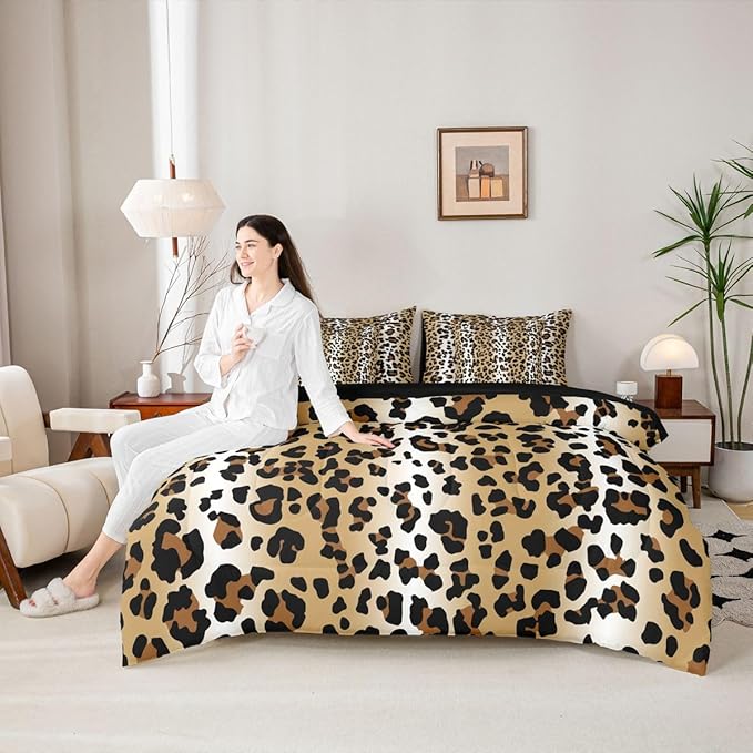Erosebridal Animal Skin Pattern Gradient Gold Brown Full Comforter Set 7 Pieces | Leopard Print Bed in A Bag for Bedroom Ombre Cheetah Fur Bedding Set with Comforters Women Men Adults Room Decor