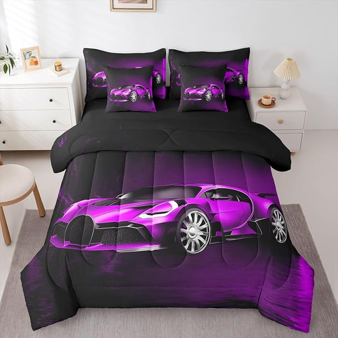 Feelyou Sports Car 7 Piece Bedding Set Purple Race Car Comforter Set with Sheets for Kids Boys Girls Extreme Sports Bed in a Bag Cool Speed Luxury Car Decor Quilt with 1 Pillowcase Twin