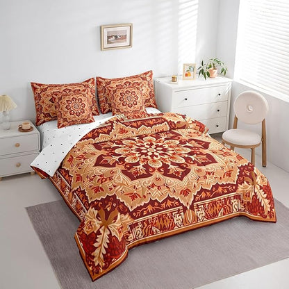 Peony Oriental Medallion Bed in a Bag Art Deco Floral King Bedding Sets, Vintage Paisley Comforter Set Hippie Flower Bedding Comforter Sets 7 Pieces, Retro Rustic Farmhouse Bedding Sets & Collections