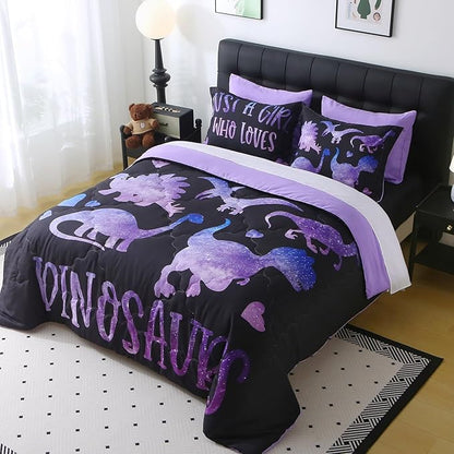 7 Piece Girls Dinosaur Comforter Set Twin Size Violet Dinonsaur Soft Microfiber Bed in A Bag with Comforter,Sheet Set,Pillowcase and Sham for Child Teens All Season