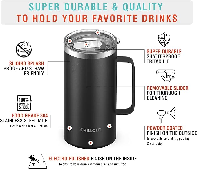 CHILLOUT LIFE Stainless Steel Vacuum Insulated Coffee Mug 20 oz (Set of 2) with Handle and Lid, Large Thermal Camping Coffee Mugs with Sliding Lid for Men & Women, Keeps Your Beverages Hot & Cold