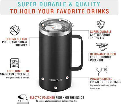 CHILLOUT LIFE Stainless Steel Vacuum Insulated Coffee Mug 20 oz (Set of 2) with Handle and Lid, Large Thermal Camping Coffee Mugs with Sliding Lid for Men & Women, Keeps Your Beverages Hot & Cold