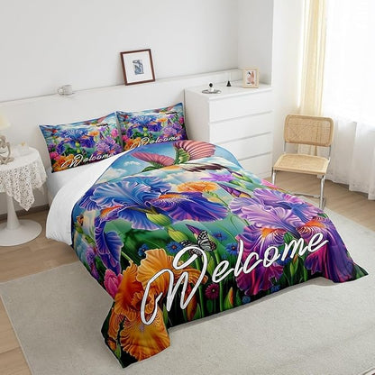 Erosebridal Tropical Hummingbird Bedding Sets Full Purple Iris Flower Comforter Set for Kids Girls Women Cute Bird Butterfly Bed Comforter Set Farmhouse Garden Blossom Floral Quilt Duvet