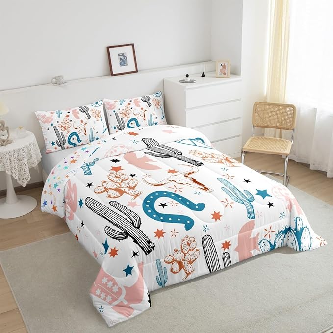 Feelyou Pink Western Aztec Bedding Set Kids Wild Cowboy Comforter Set King Size Horseshoes Cactus Bull Skull Boots Boho Rustic Duvet Quilt for Women Men Room Decor Soft with 2 Pillow Case 3Pcs