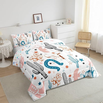Feelyou Pink Western Aztec Bedding Set Kids Wild Cowboy Comforter Set King Size Horseshoes Cactus Bull Skull Boots Boho Rustic Duvet Quilt for Women Men Room Decor Soft with 2 Pillow Case 3Pcs