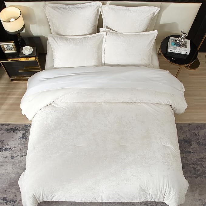 Ivellow Crushed Velvet Comforter Set Queen Ivory Comforter Set 5pcs Ultra Soft Lightweight Breathable Bedding Set Luxury Cozy Flannel Comforter Queen Size (1 Comforter,2 Pillow Shams, 2 Euro Shams