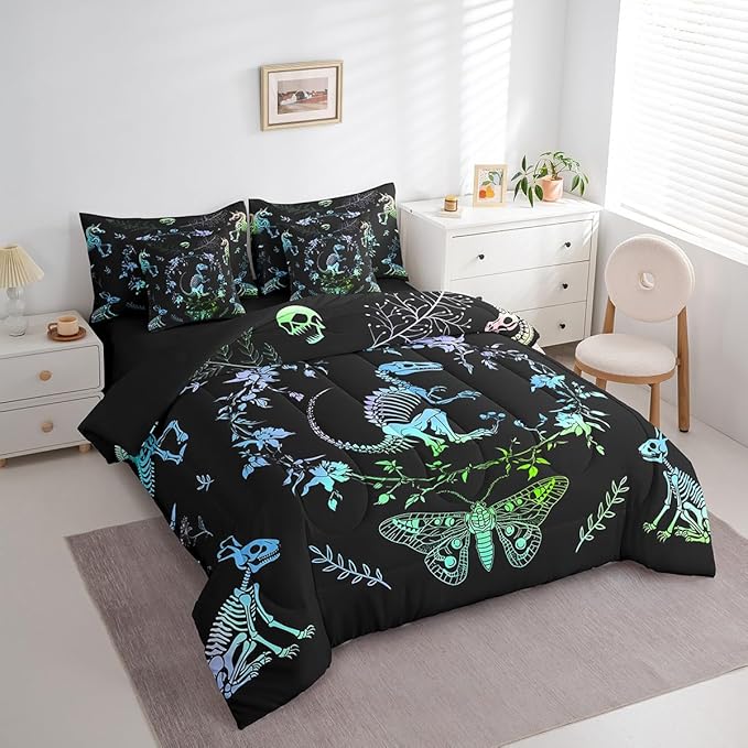 Castle Fairy Dinosaur Bed Sets in a Bag 7 Pieces,Wild Animals Skeleton Butterfly Comforter Set Twin,Bohemian Flowers Leaves Bedding Set with 1 Comforter,2 Sheets,2 Pillowcases & 2 Throw Pillow Covers