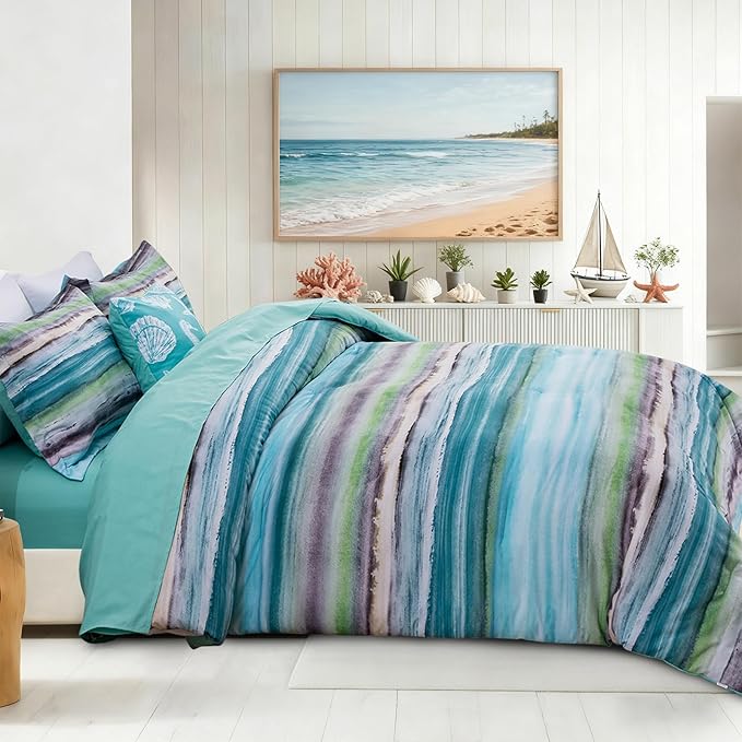 Holawakaka Beach Stripe Bedding Sets 6 Pieces, Aqua Coastal Striped Comforter Set Twin Size All Season Geometric Bed Set, Nautical Bed in a Bag with Comforter, Sheets and Shams