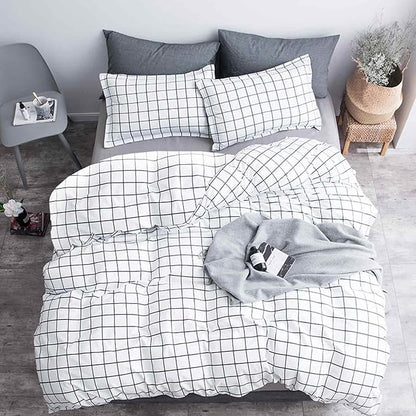 Faincy Full Comforter Set, White Black Grid Geometric Plaid Pattern Printed Reversible Comforter - Size 80 x 90 3PC Soft Microfiber Duvet Sets 2 Pillowshams Modern Bedding in a Bag for Women Men Teen
