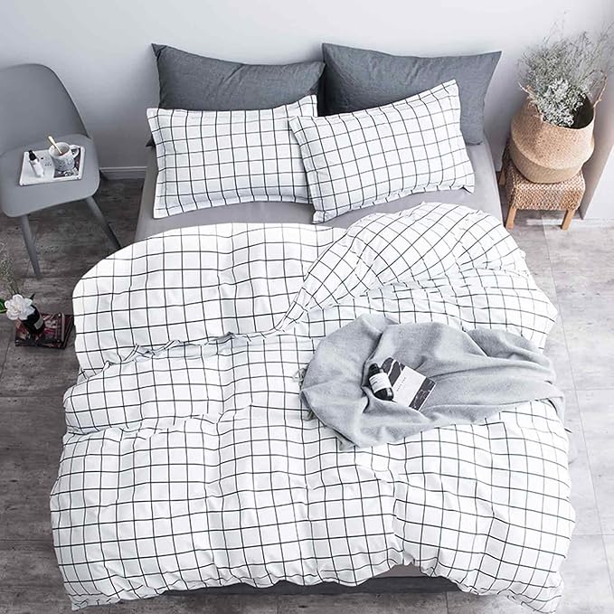 Faincy Queen Comforter Set, White Black Grid Geometric Plaid Pattern Printed Reversible Comforter - Size 90 x 90 3PC Soft Microfiber Duvet Sets 2 Pillowshams Modern Bedding in a Bag for Women Men Teen