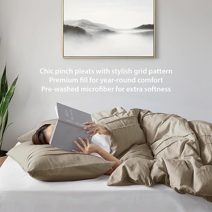 King Size Comforter Set Khaki, 3 Pieces Bedding Set, Ultra Soft Prewashed Bed Set, Pinch Pleat All Seasons Lightweight Comforter and Shams