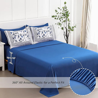 Dobuyly Floral Comforter Full Size, 7 Piece Bed in a Bag Full Blue Flowers on White Botanical Bedding Set, Soft Microfiber Bedding Comforter Sets for All Season