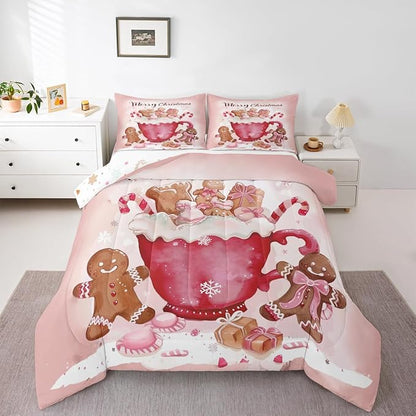 Gingerbread Men Comforter Sets Full Size,Candy Coffee Bedding Set 3Pcs for Kids Girls Boys Women Room Decor,Pink Bowknot Quilted Duvet Pink Christmas Down Comforter,2 Pillowcases