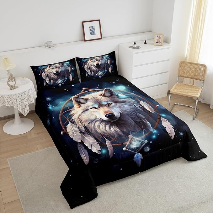 Erosebridal Wolf Dream Catcher Toddler Bedding Set,Indian Wolf Hunting Comforter Set for Kids Boys Girls Room Decor,Boho Exotic Quilt Set Wildlife Safari Bedding Comforter Sets,1 Pillowcase