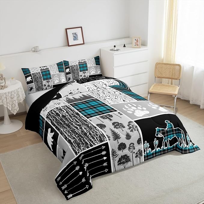 Erosebridal Western Bedding Twin Size,Farmhouse Horse Cowboy Comforter Set Cabin Decor,Retro Mint Green Plaid Grid Quilt Western Bed Set,Wild Animals Paw Arrow Hunting Theme Duvet Insert