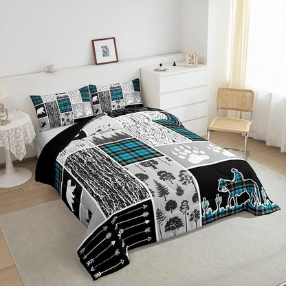 Erosebridal Western Bedding Twin Size,Farmhouse Horse Cowboy Comforter Set Cabin Decor,Retro Mint Green Plaid Grid Quilt Western Bed Set,Wild Animals Paw Arrow Hunting Theme Duvet Insert