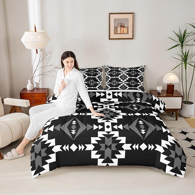 Western Aztec Comforter Set Toddler Size, Native American Navajo Bedding Set for Boys Adult Teens, Southwestern Geometric Quilt Ethnic American Native Duvet Insert Rustic Farmhouse Decor, Black White
