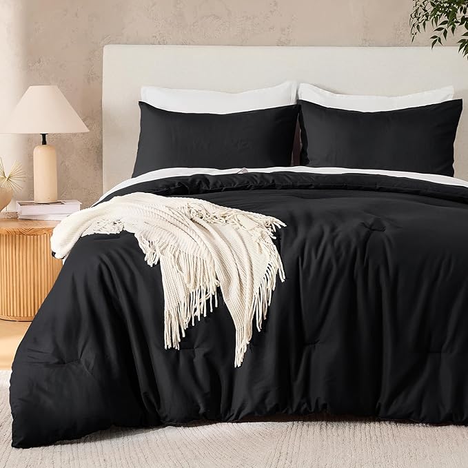 Andency Black Solid Comforter Set King, 3 Pieces Reversible Lightweight Microfiber Comforter Set for All Season, Boho Modern Solid Bedding Comforters & Sets