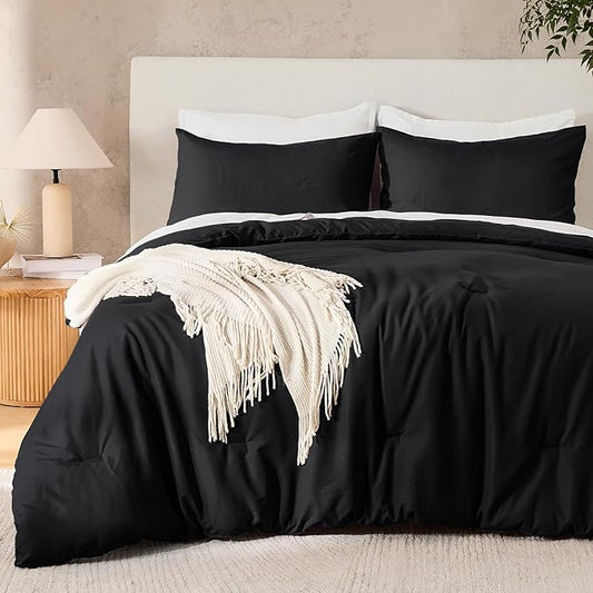 Andency Black Comforter Set Queen, 3 Pieces Lightweight Solid Bed Comforter for Men Women, All Season Soft Microfiber Down Alternative Comforter Set