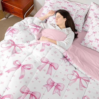 Erosebridal Starry Cute Pink White Bow Girls King 7-Piece Comforter Set | Kawaii Bow Girly Stripe Sheets and Pillowcases Ribbon Kids Women Bed in A Bag Plaid Checkered Bed Sets