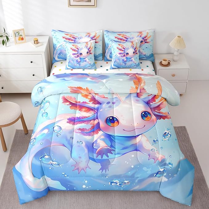Feelyou Queen Size Cute Axolotl Bed in a Bag Boys Girls Blue Cartoon Salamander Comforter Set with Sheets for Kids Ultra Soft Kawaii Ocean Sealife 7 Piece Bedding Set Reptile Animal Room Decor