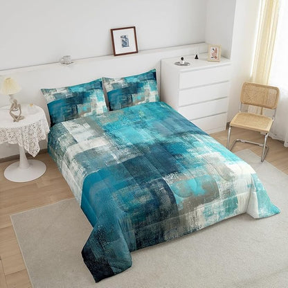 Erosebridal Turquoise and Grey Comforter Set Queen,Grunge Teal Ombre Duvet Insert for Adult Warm,Vintage Watercolor Artwork Bedding Set Bedroom Decor,Contemporary Quilt Comforter with 2 Pillowcases