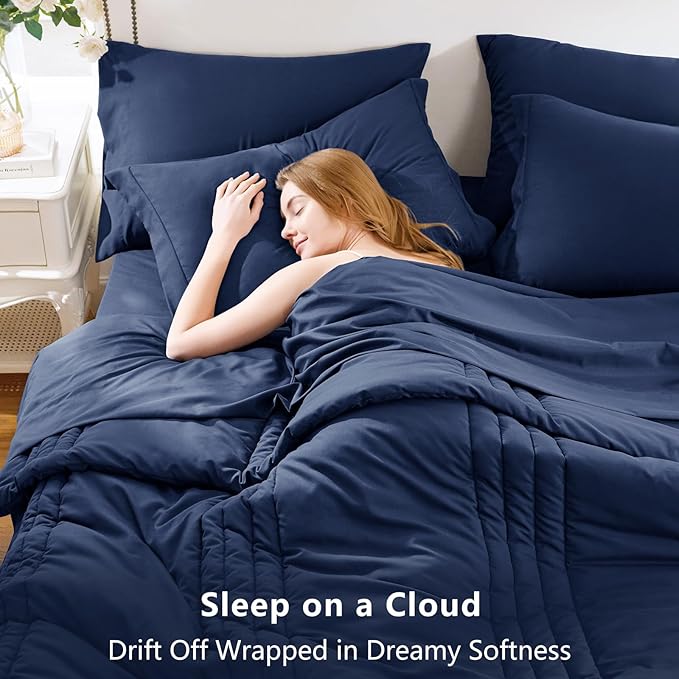 CozyLux King Size Comforter Sets - 7 Piece Bed in a Bag Navy Blue Comforter Set with Sheets Bed Set All Seasons, Soft Bedding Set with Down Alternative Comforter, Sheets, Pillowcases & Shams