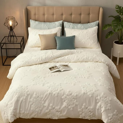 Frienda 3 Pcs Winter Snowflake Full Comforter Cover Set Includes 1 Duvet Cover and 2 Pillow Shams Boho Tufted White Snowflake Bedding Set for Winter Gift