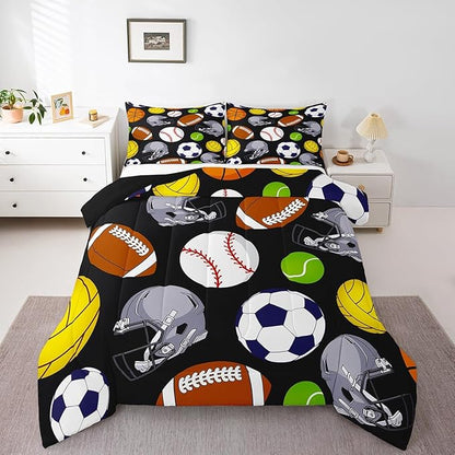 Feelyou Basketball Comforter Set King Size Sports Game Comforter for Boys Girls Teens Baseball Bedding Set Football Duvet Set Room Decor Carbon Black Mixed Ball Quilt Set