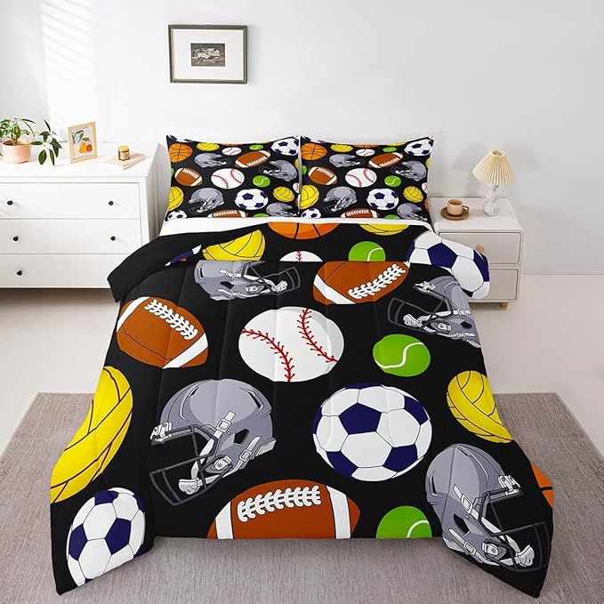 Feelyou Basketball Comforter Set Twin Size Sports Game Comforter for Boys Girls Teens Baseball Bedding Set Football Duvet Set Room Decor Carbon Black Mixed Ball Quilt Set