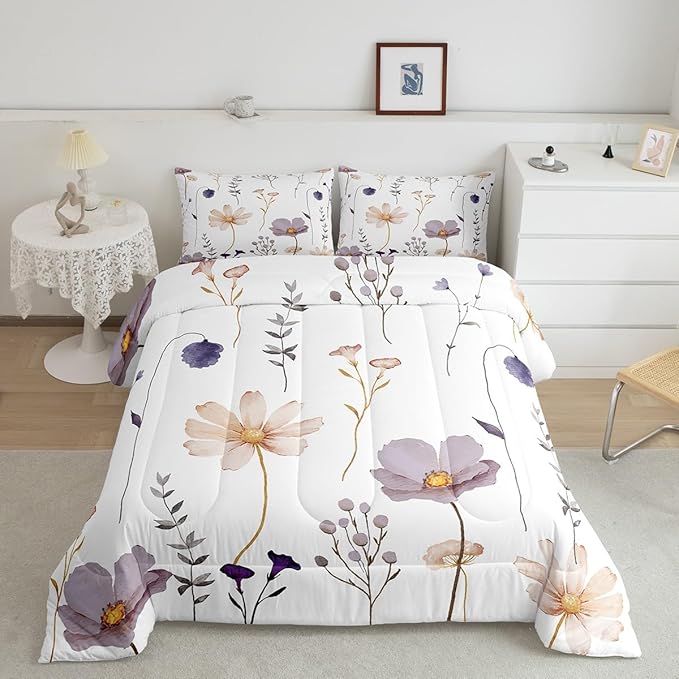 Erosebridal Watercolor Flower Bedding Set Twin, Plum Beige Floral Comforter Set for Teens Adult Women Bedroom, Modern Minimalist White Duvet Insert Branches Pastoral Down Comforter, 1 Pillow Case