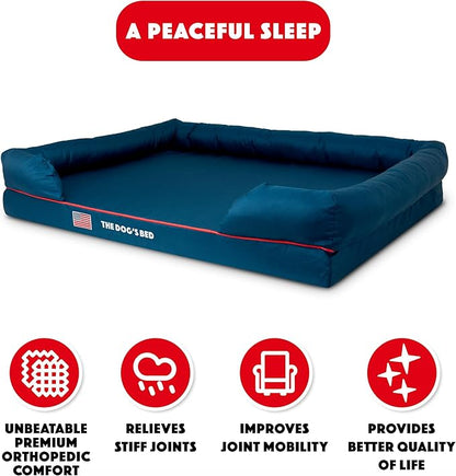 The Dog’s Bed Orthopedic Memory Foam Dog Bed with Bolsters, Oxford Fabric, Blue with Dark Red Trim, XXL