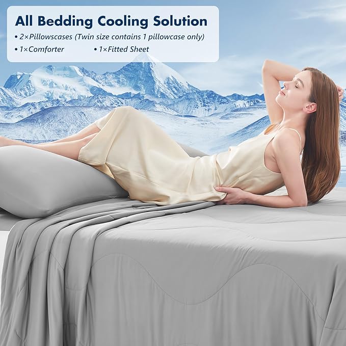 Cooling Comforter Set Twin- Grey Reversible Cooling Comforter Set with Sheets - Soft Breath Comforter 3pcs Set (Comforter+Fitted Sheets+Pillowcase)