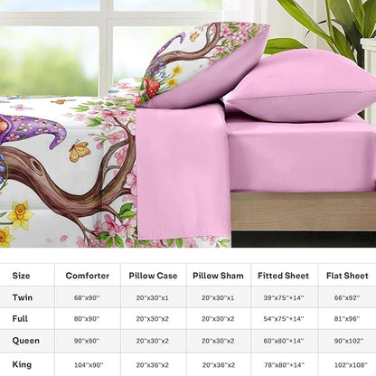 Nesker 7 Pcs Spring Comforter Set King Size, Gnome Flower Bedding Set for Kids and Adults, Pink Cherry Blossoms Tree Bed Sheet Sets with Fitted Sheet 2 Pillowcases & 2 Shams