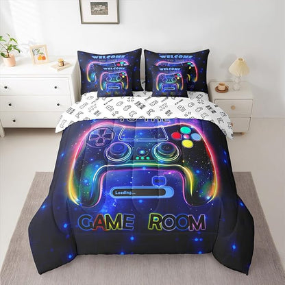 jejeloiu Cool Gamer 7 Piece Bedding Set King Size for Boys 3D Gaming Comforter Set with Sheets Kids Teens Bright Blue Bed in a Bag Modern Game Console Bed Set