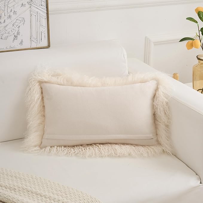Genuine Mongolian Lamb Fur Pillow Cover – 12"x20" Rectangular Cushion Case – Soft Curly Wool Decorative Accent for Sofa, Bed, or Chair (Beige)