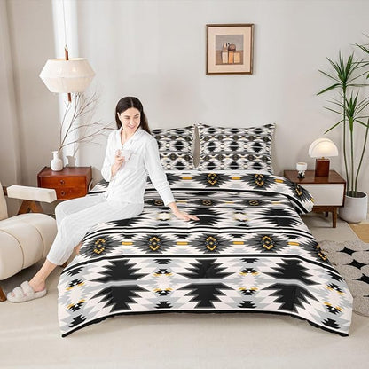 Erosebridal Western Aztec Queen Bedding Set for Boys, Bohemian Southwestern Comforter Set American Native Bedding Comforter Sets Indian Exotic Geometric Quilt Rustic Farmhouse Decor, Gray Black