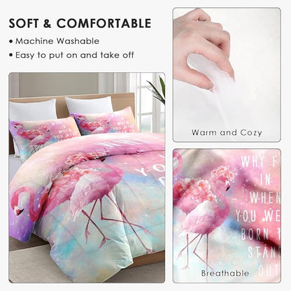 Queen Size Comforter Set with 2 Pillowcases, Pink Summer Flamingo Flower 3 Pcs Bedding for Kids and Adults, Rainbow Colorful Animal Soft Comforter Set for Bedroom Bed Decor