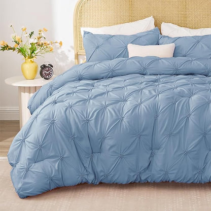 BEDELITE Cornflower Blue King Size Comforter Set - 3 Pieces Boho Pintuck Bedding Comforter Sets, Lightweight Soft & Warm King Bedding Set with 2 Pillowcases for All Season