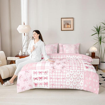 Feelyou Pink Bow Comforter Set with Sheets 7 Piece Full Size Princess Bow Bed in a Bag Kids Boys Girls Cute Bowknot Bedding Set Kawaii Bedroom Decor Breathable Soft Lightweight Microfiber